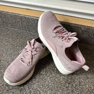 Skechers Memory Foam Womens Sz 7 Rose Pink Knit Fabric Running Shoes Slip On Low
